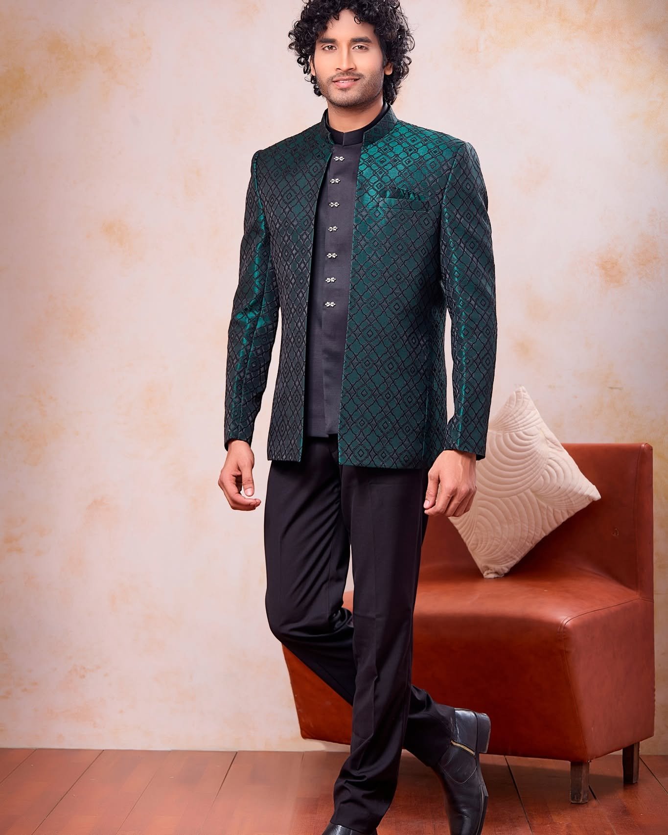 Make a bold statement with this Designer Green & Black Jodhpuri Jacket